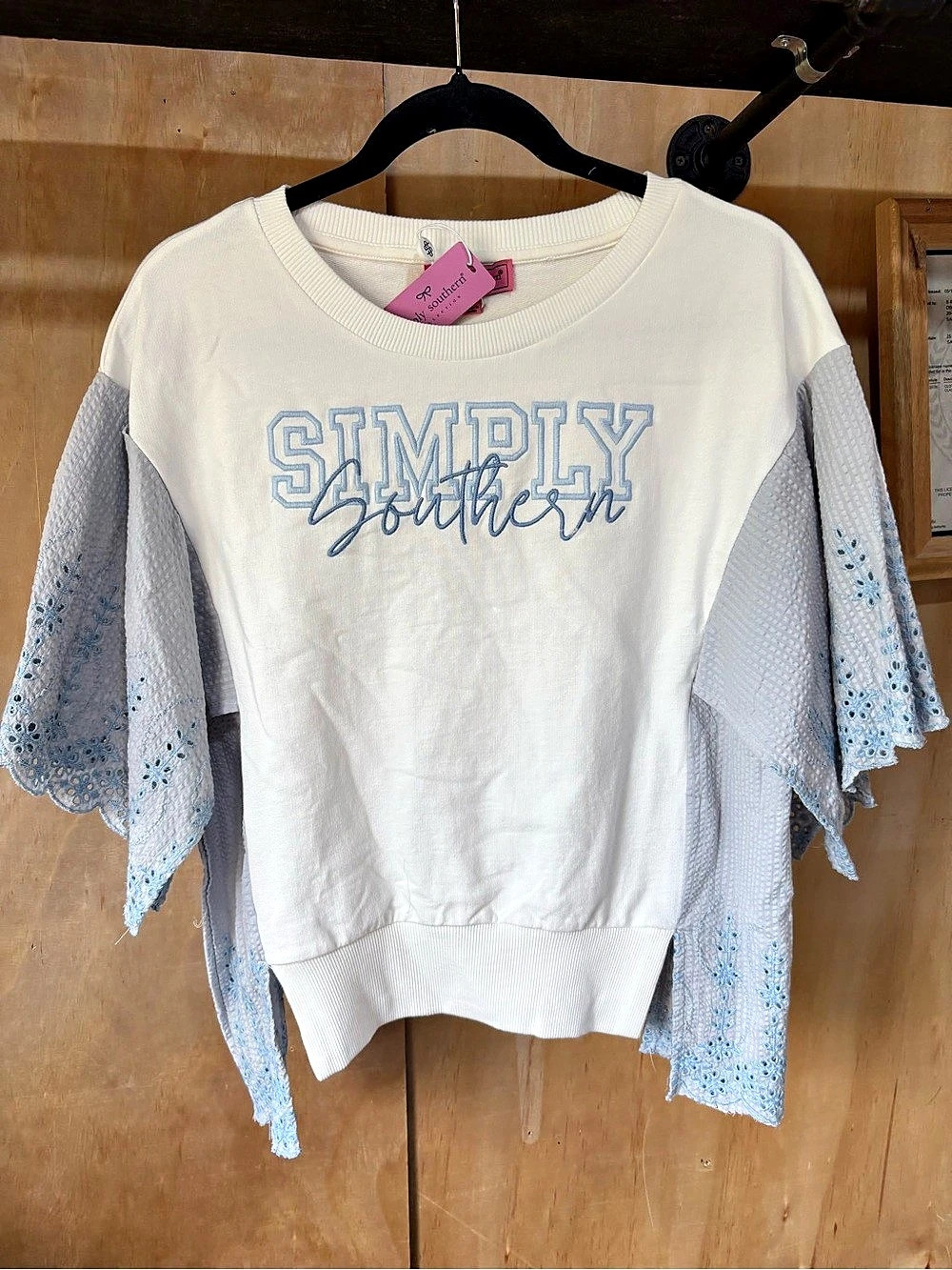 Simply Southern Graphic Sleeve Sweatshirt in White & Blue NWT